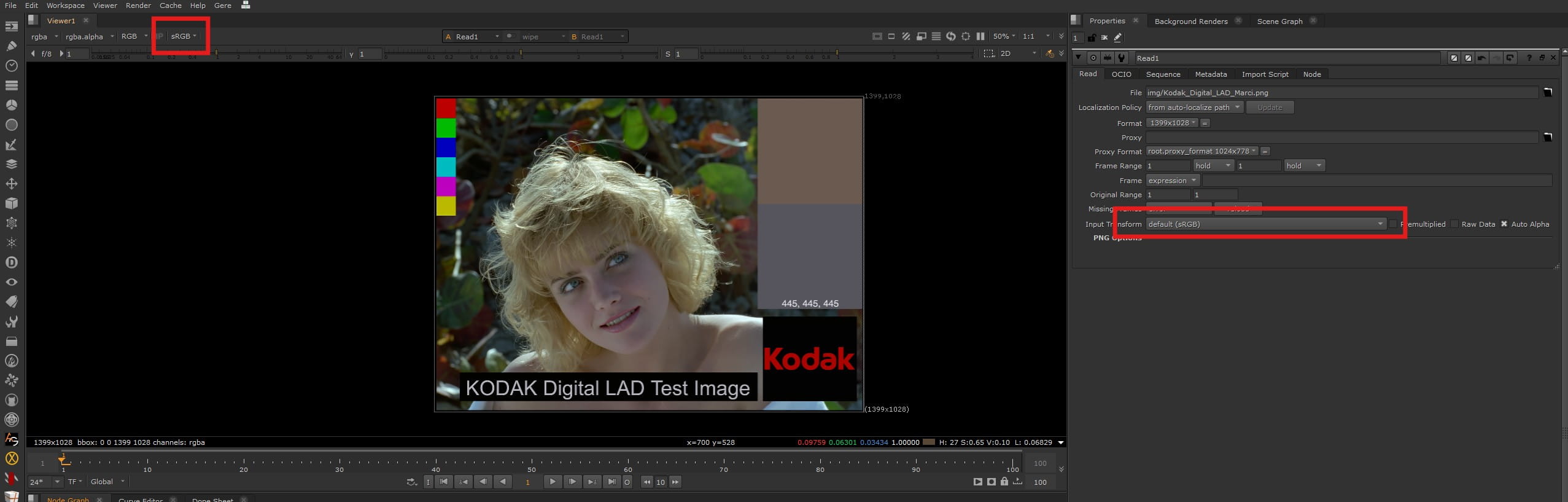 Same JPEG with nuke-default vs ACES - darker and flatter