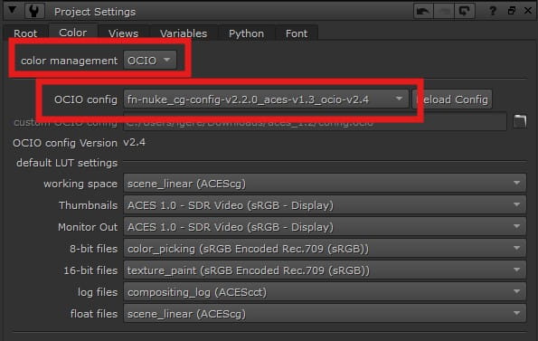 Nuke 17 Project Settings with ACES 1.3 OCIO config and default roles for 8-bit files