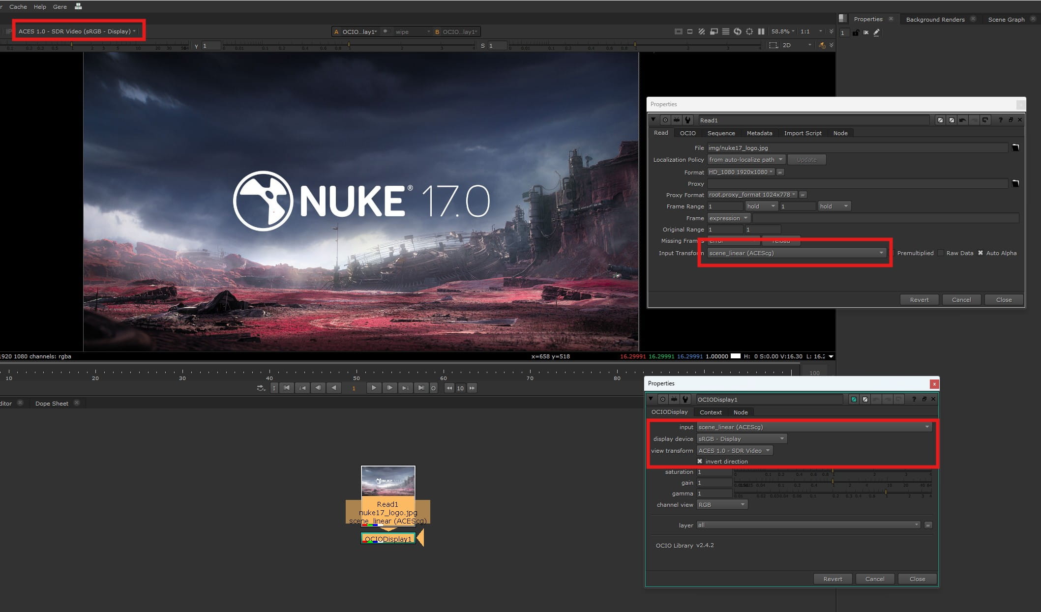 Nuke 17 inverted display transform with OCIODisplay invert direction showing white at 16.3