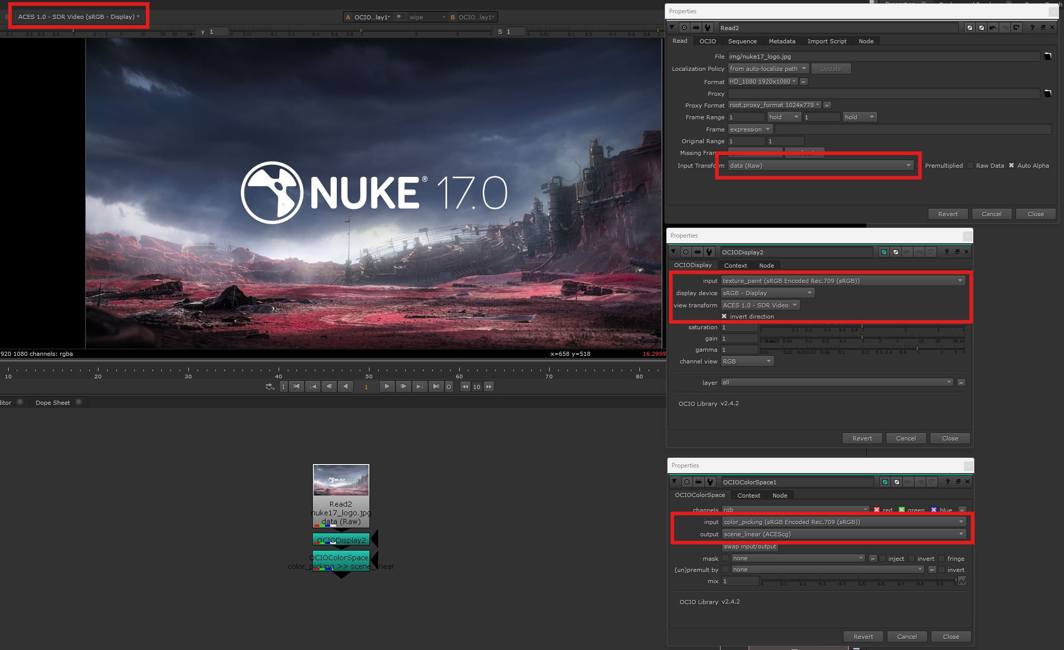 Nuke 17 raw read with OCIODisplay inverted and OCIOColorSpace to scene linear