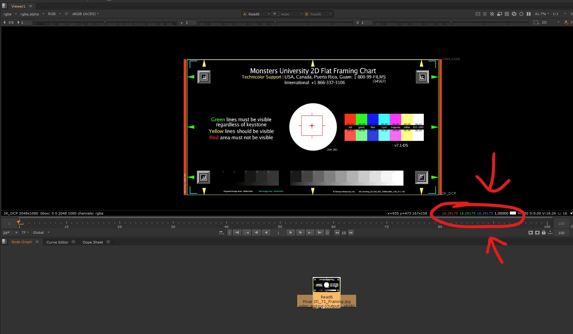 Macbeth color checker with 18 percent grey card sampled at 0.18 in Nuke