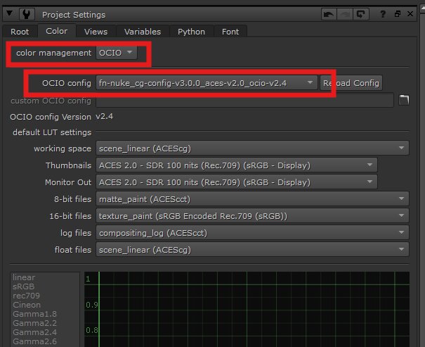 Nuke 17 Project Settings with the ACES 2.0 OCIO config selected