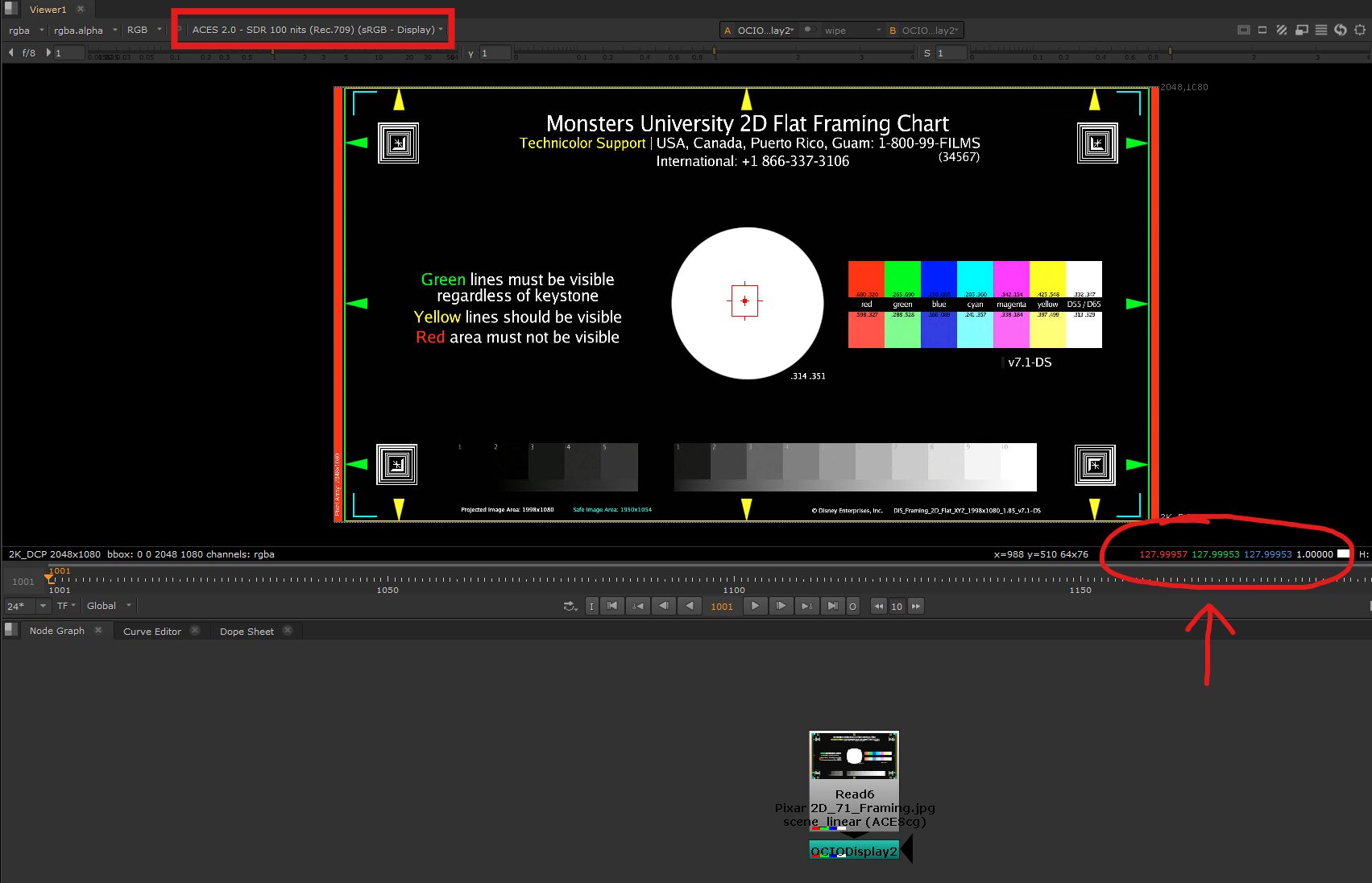 Nuke sampling a display white inverted through ACES 2.0 SDR 100 nits: value is 127.99957