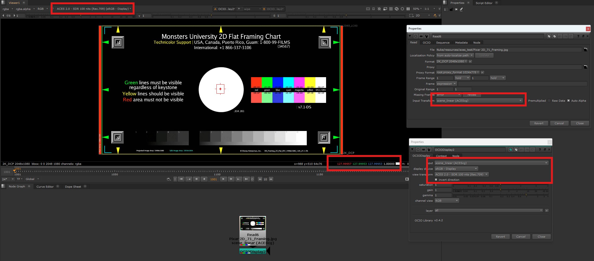 Nuke 17 with ACES 2.0 inverted view transform: white samples at 128